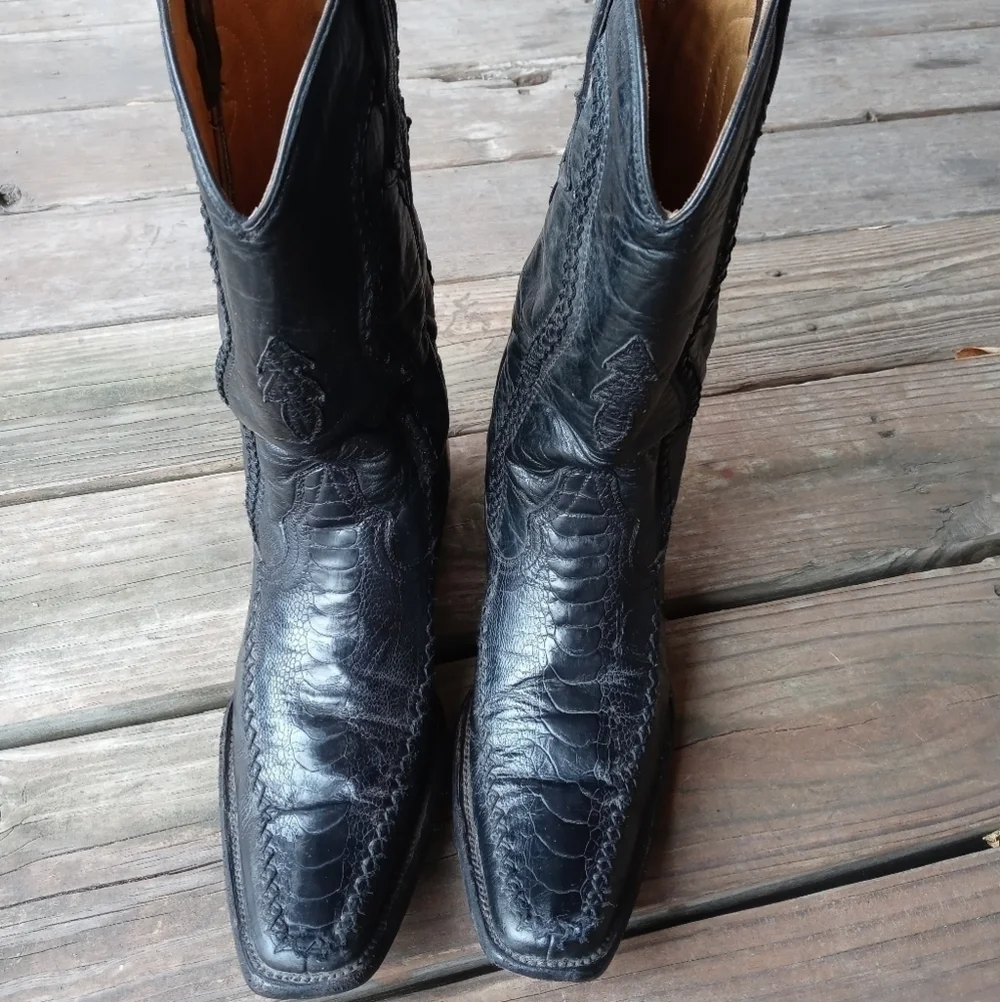 San Angelo Boots men's Western black leather stitch-seamed long toe sz 7.5D. 166